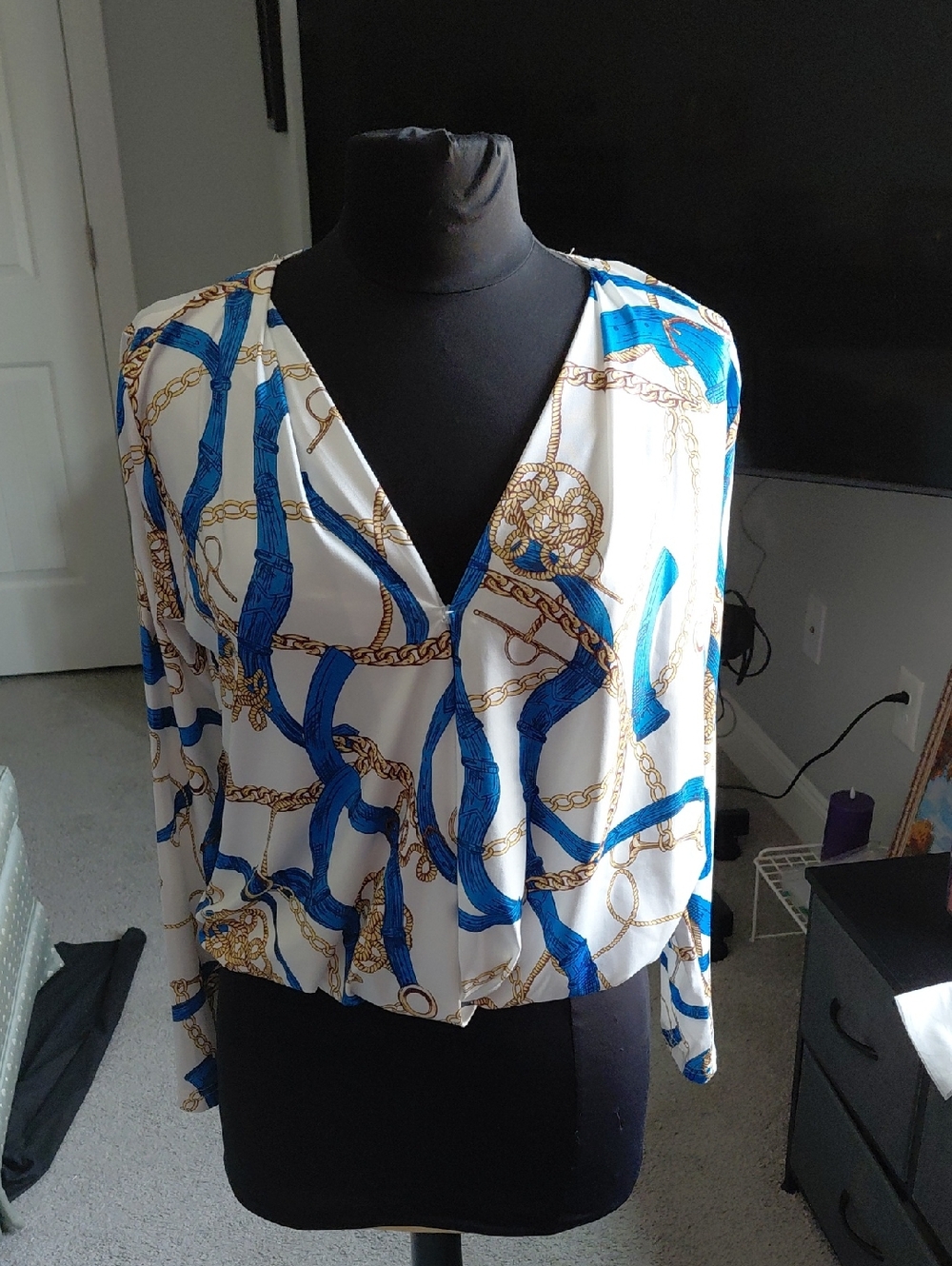 CBR White Blouse with Blue Ribbon & Gold Chain Print